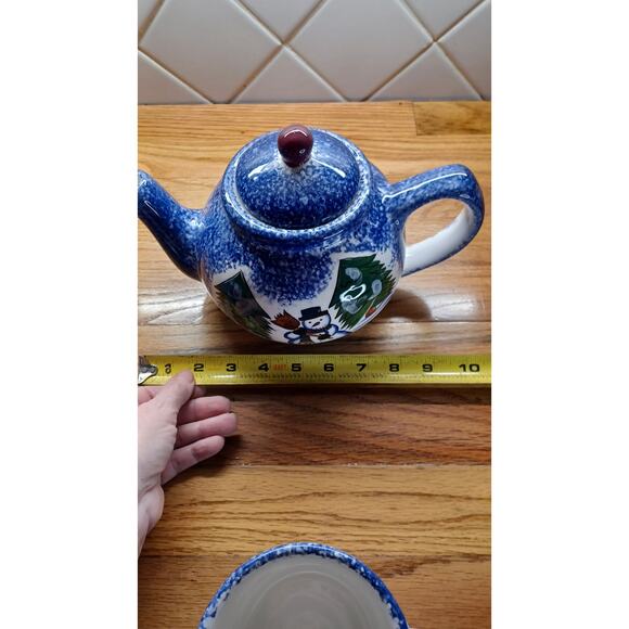 Snowman Teapot and 2 Snowman Mugs Blue Ceramic Christmas Winter - Picture 14 of 16